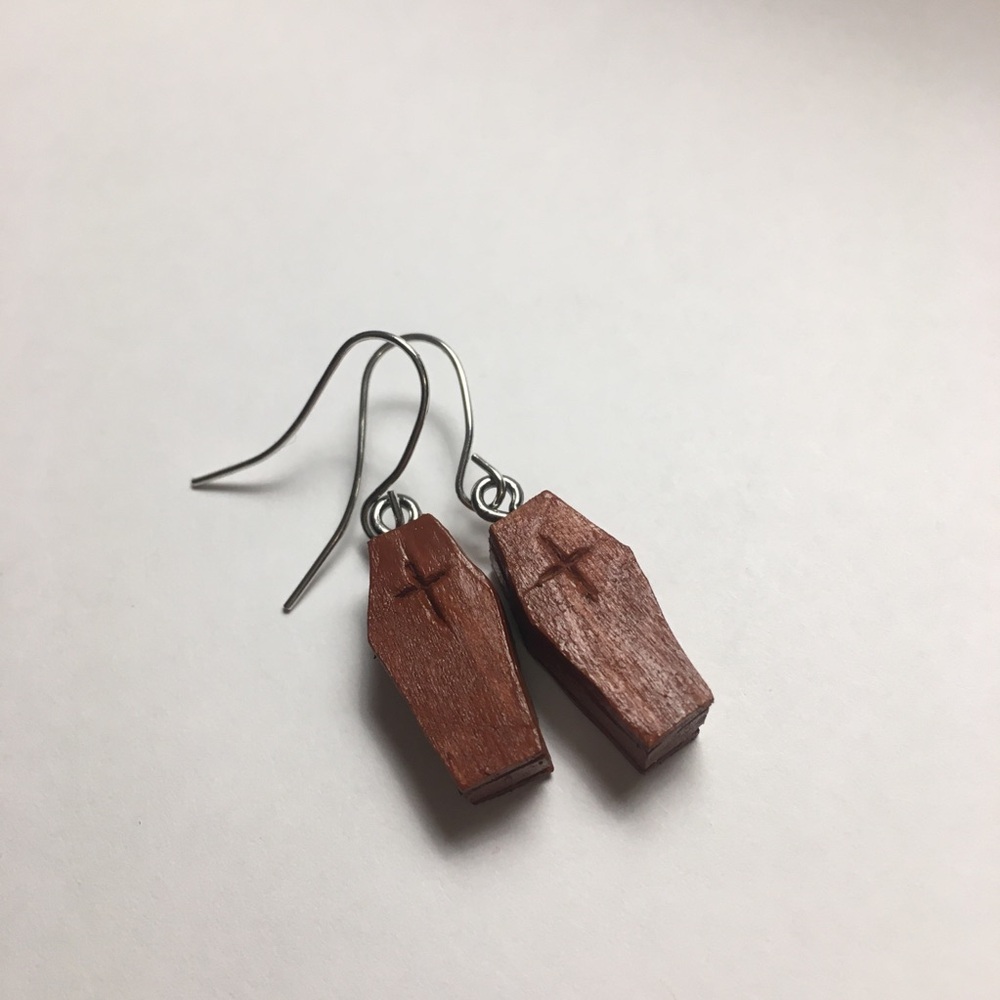 ⚰️ Carved Wooden Coffin Earrings